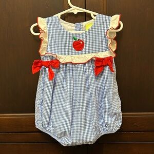 Classic Whimsy - Back to School plaid Apple romper - size 18m